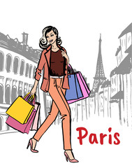 Fashion illustration of woman with shopping bags on street of Paris. Hand drawn ink sketch.