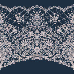 Horizontally seamless dark blue background and lace ribbon with floral pattern