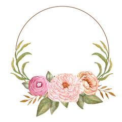 Watercolor floral wreath, flower frame, hand painted botanical illustration for wedding invitation template, birthday greeting card, print backdrop.