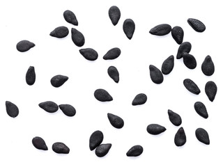 Several black sesame seeds isolated on white background.