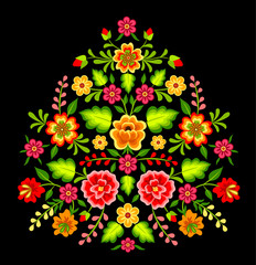 Mexican colorful bright floral ornament on black background