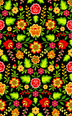 Mexican colorful bright floral ornament on black background