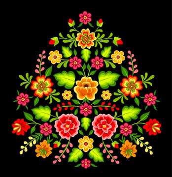 Mexican colorful bright floral ornament on black background