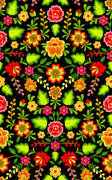 Mexican Colorful Bright Floral Ornament On Black Background