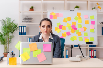 Young female employee in conflicting priorities concept 