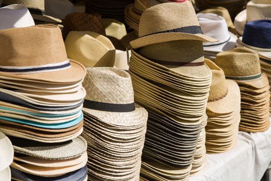 hat, cap, straw, sunhat, outdoor, market, lot, many, plenty of, offer, choice, man, male, stripe, decor, ornament, pattern, wear, boater, brimmer, leghorn, headgear, bonnet, hat-maker, sunshine, booth