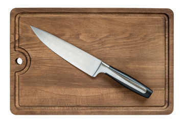 Professional chef kitchen knife with a 20 cm (8 inch) blade on a brown cutting board top view, isolated on white background.