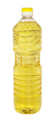 Yellow sunflower or vegetable oil in a plastic liter bottle isolated on white background, closeup