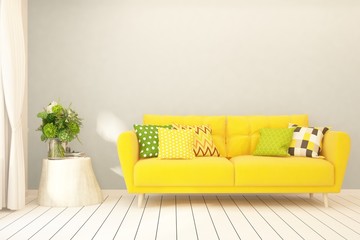 White stylish minimalist room with yellow  sofa. Scandinavian interior design. 3D illustration