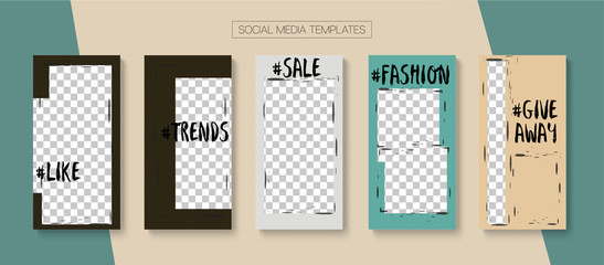 Editable Stories Graphic Vector Layout. Blogger Social Media Geometric Phone Template. Bright Social Media Sale -50, Follow Us, Fashion Photo Frames Pack. Cool Insta Stories Layout