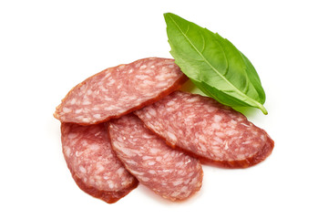 Dried Sausage with basil, close-up, isolated on white background