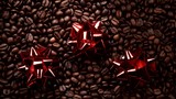 Red decorative bows on roasted brown coffee beans background. Light changing