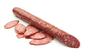 Salami Sausage Stick, close-up, isolated on white background