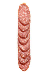 Salami smoked sausage slices, top view, isolated on white background