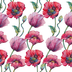 Poppies Seamless Pattern. Watercolor wild red poppies. Surface design for interior decoration, printed issues, invitation cards.