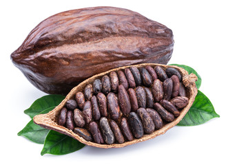 Cocoa pods and cocoa beans -chocolate basis isolated on a white background.