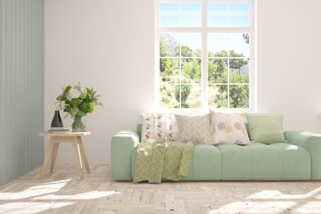 White stylish minimalist room with sofa and summer landscape in window. Scandinavian interior design. 3D illustration