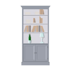 Bookcase with Books. Flat Vector Isolated Illustration. Cabinet, Office or Bookstore Furniture Vintage Decoration. Textbook Publishing House. Classic Education Literature for Knowledge.