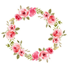 Watercolor floral wreath with pink flowers. Rose frame, hand painted illustration.