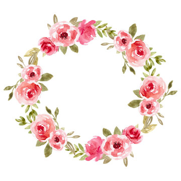 Watercolor floral wreath with pink flowers. Rose frame, hand painted illustration.