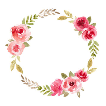 Watercolor floral wreath with pink flowers. Rose frame, hand painted illustration.