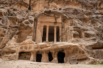 Stone carved temples in Little Petra in Jordan