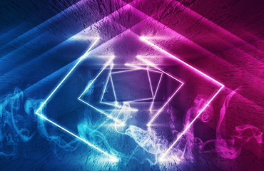 Background of empty room with concrete pavement. Spotlight, neon light, reflection on the tile. Laser lines, figures, smoke, smog