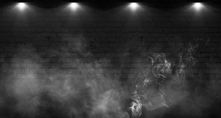 Background of empty brick old wall, spotlight, neon light, smoke