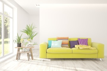 White stylish minimalist room with colorful sofa. Scandinavian interior design. 3D illustration