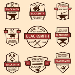 Set of blacksmith and iron works emblems. Design element for logo, label, sign, poster, t shirt.