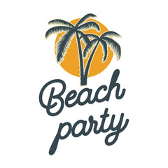 Naklejka premium Beach party. emblem with palms. Design element for logo, label, sign, poster, t shirt.