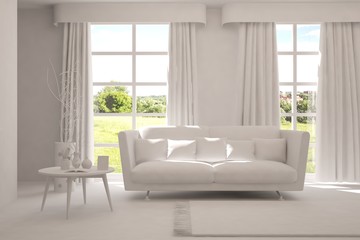 Stylish room in white color with sofa and green landscape in window. Scandinavian interior design. 3D illustration