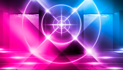 Futuristic abstract background. Empty room background, concrete. Neon blue and pink light smoke. Laser lines, laser target in the center of the room.