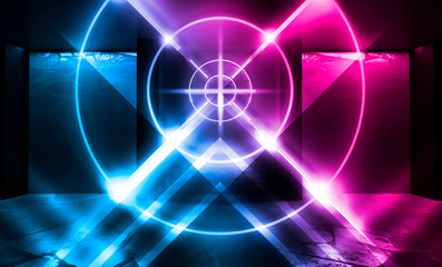 Futuristic abstract background. Empty room background, concrete. Neon blue light smoke. Laser lines, laser target in the center of the room.