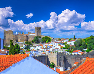 View of the beautiful medieval historic center village of Obidos and Castle of Obidos. Wonderful...