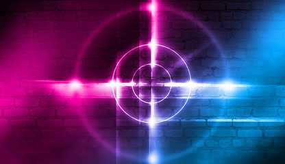 Neon target on a brick wall background with laser lights and rays of light, futuristic abstract background.