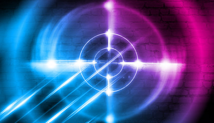 Fototapeta premium Neon target on a brick wall background with laser lights and rays of light, futuristic abstract background.