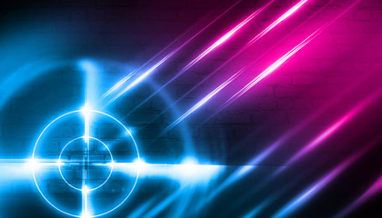Neon target on a brick wall background with laser lights and rays of light, futuristic abstract...