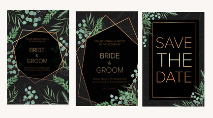 Wedding floral invitation, thank you modern card: rosemary, eucalyptus branches wreath on black marble texture with a golden geometric pattern. Trendy design template. All elements are isolated.