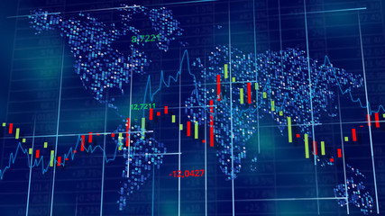 Blue hi-tech background - stock diagrams, graphs and tables. World map behind digits and lines. 3D rendering.