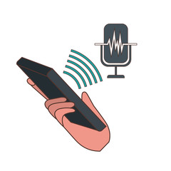 hand with smartphone and voice assistant