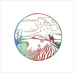 Fototapeta premium Color neon illustration of a camel on a sand dune. Tattoo idea