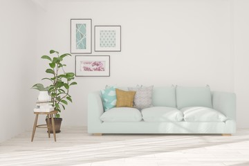 White stylish minimalist room with sofa. Scandinavian interior design. 3D illustration