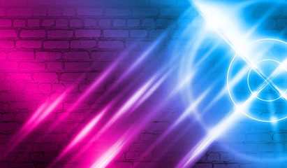 Neon target on a brick wall background with laser lights and rays of light, futuristic abstract background.