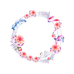 Watercolor hand painted circle frame of swan, feathers, peonies, twigs, ribbon