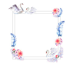 Watercolor hand painted square frame of feathers, peonies, twigs, swans