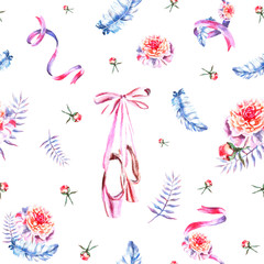 Seamless pattern with watercolor hand painted ribbons, feathers, pointes, peonies, twigs