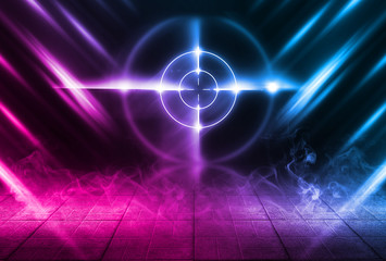 Futuristic abstract background. Empty room background, concrete. Neon blue light smoke. Laser lines, laser target in the center of the room.