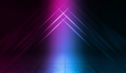 Background of empty street at night. Concrete paving slabs, illuminated by the light of multi-colored neon lamps. Fog, smoke