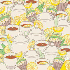 Fototapety  Ręcznie rysowane ilustracje tea party. Herbata z cytryną. Kolekcja elementów stylu Doodle. Ilustracja wektorowa